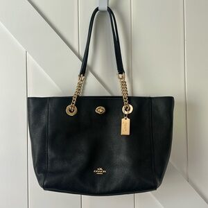 Black Pebble Leather Coach Bag with Gold Chain